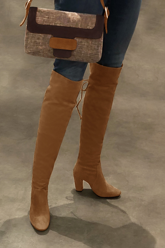 Camel beige women's leather thigh-high boots. Round toe. High block heels. Made to measure. Worn view - Florence KOOIJMAN